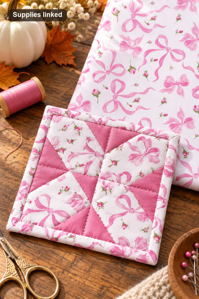 Pink Bows Cotton Quilting Fabric | Quilting Fabric for Handmade Holiday Sewing maker-lifestyle pin