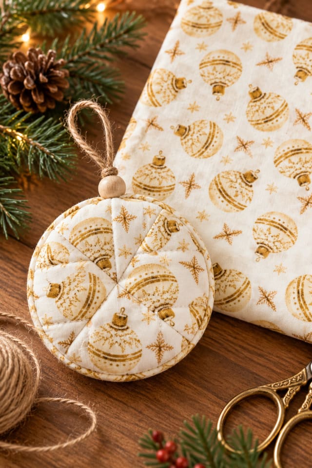 Gold Holiday Ornaments Cotton Quilting Fabric | Quilting Fabric for Handmade Holiday Sewing maker-lifestyle pin