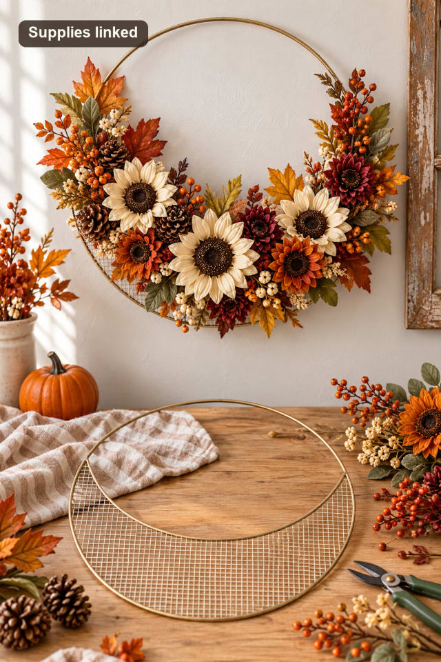 16" Gold Wreath Form with Wire Mesh | Wreath Base for Handmade Door Decor maker-lifestyle pin