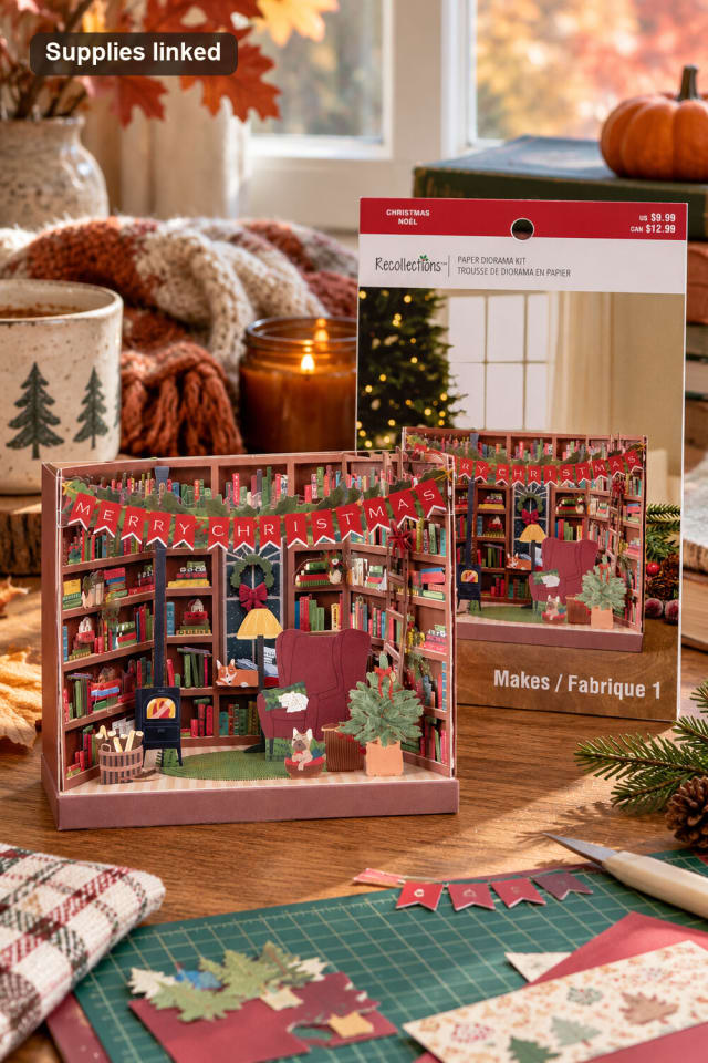 Cozy Library Paper Diorama Kit | Handmade Holiday Paper Decor maker-lifestyle pin