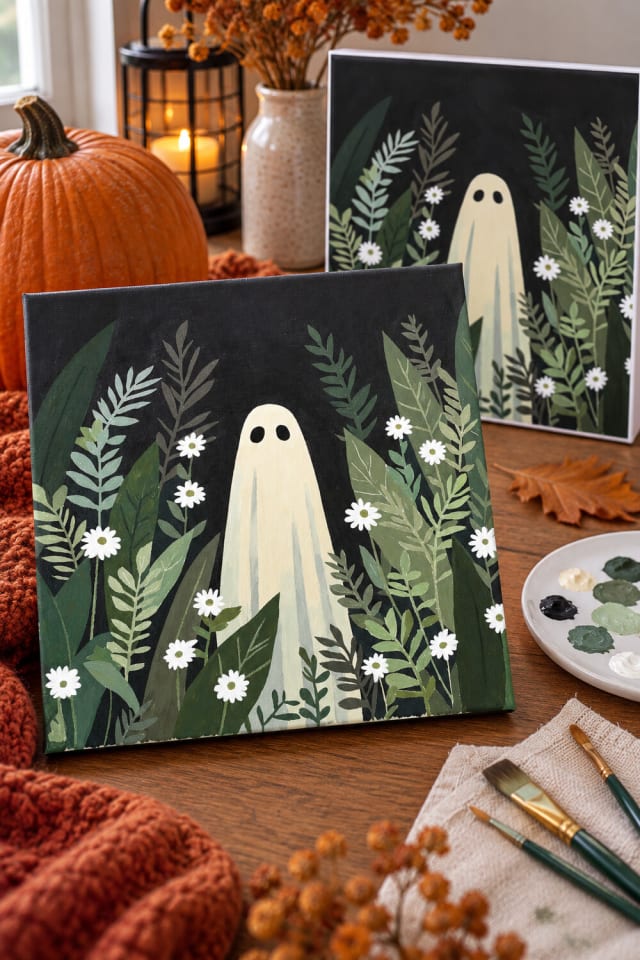 11" x 11" Ghost in Greenery Canvas Painting Kit | Painted Seasonal Decor Project maker-lifestyle pin