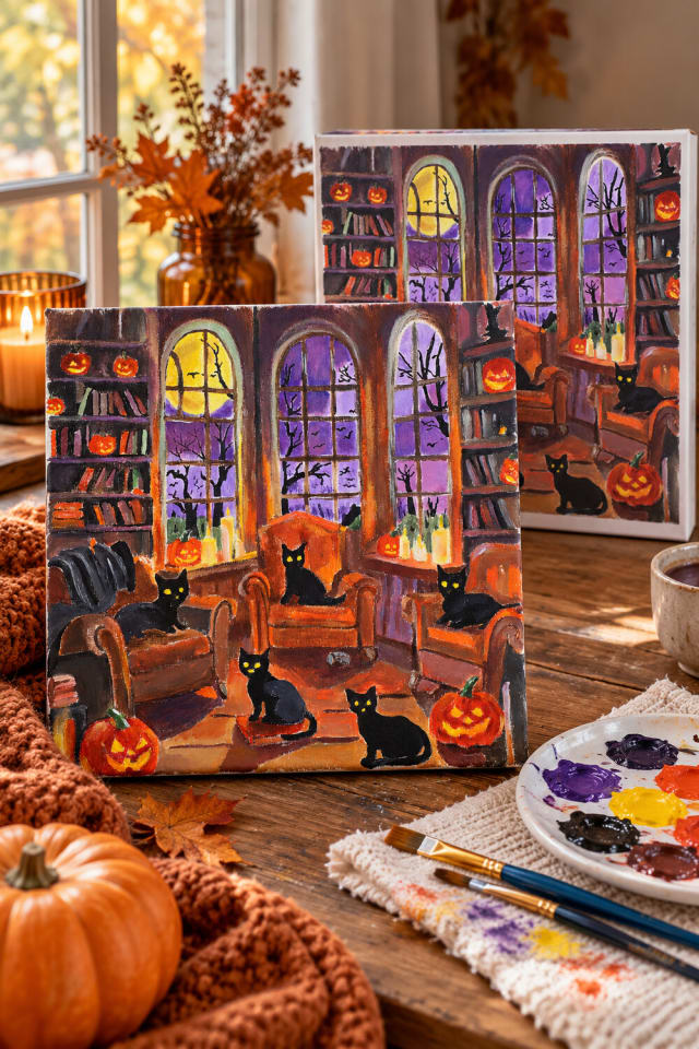 11" x 11" Cat Library Canvas Painting Kit | Painted Seasonal Decor Project maker-lifestyle pin