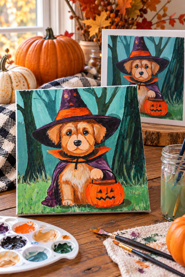 11" x 11" Trick or Treat Dog Canvas Painting Kit | Painted Seasonal Decor Project maker-lifestyle pin