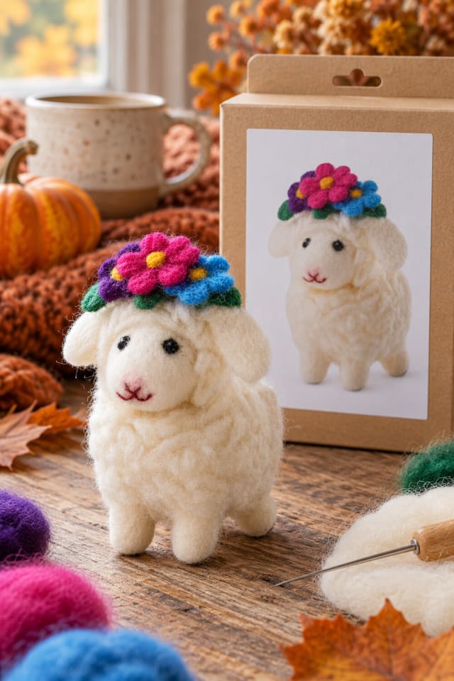 Sheep with Flower Hat Needle Felting Kit | Needle-Felted Handmade Decor maker-lifestyle pin
