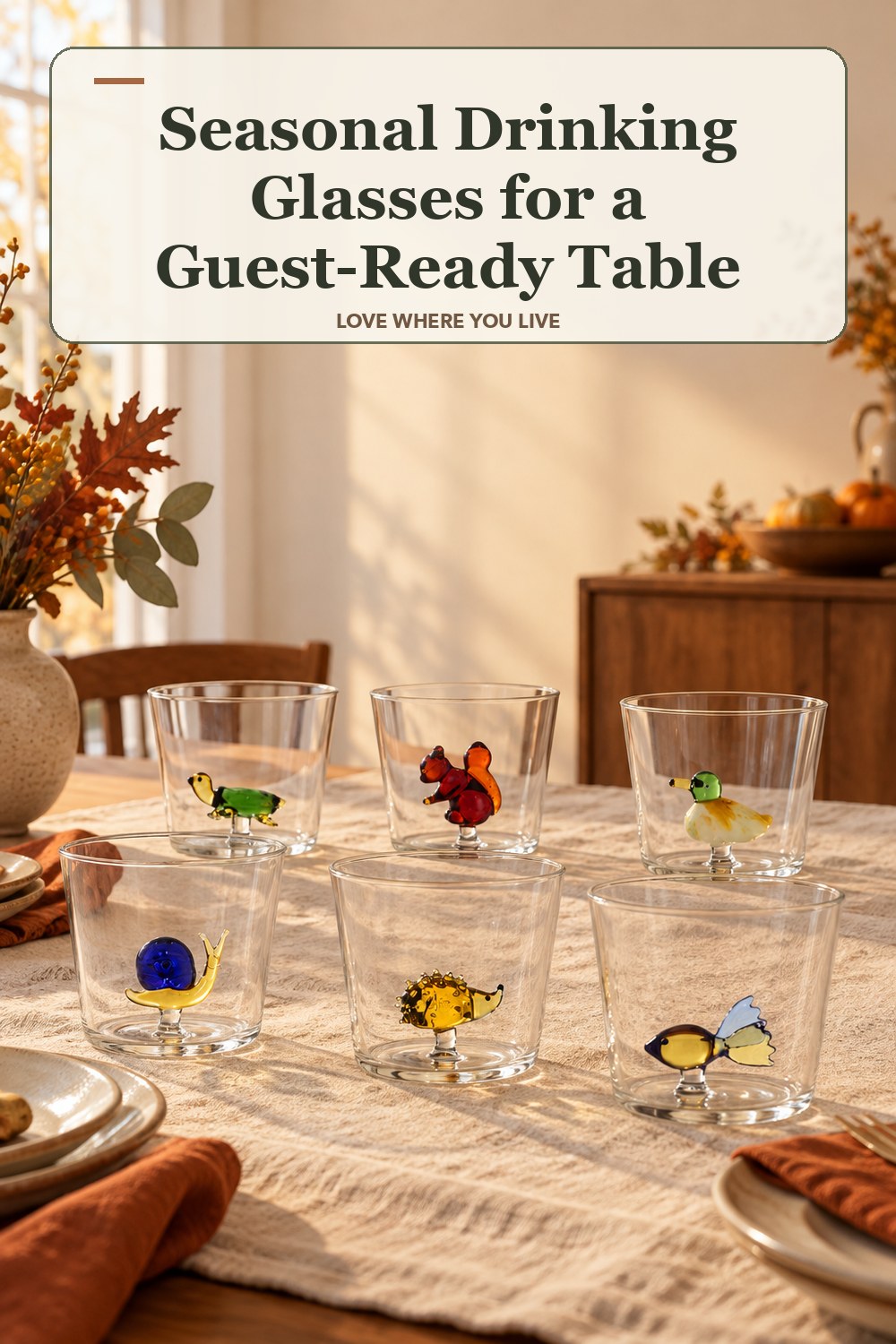 Lived-in thanksgiving room with a seasonal drinking glasses and the headline: Seasonal Drinking Glasses for a Guest-Ready Table.