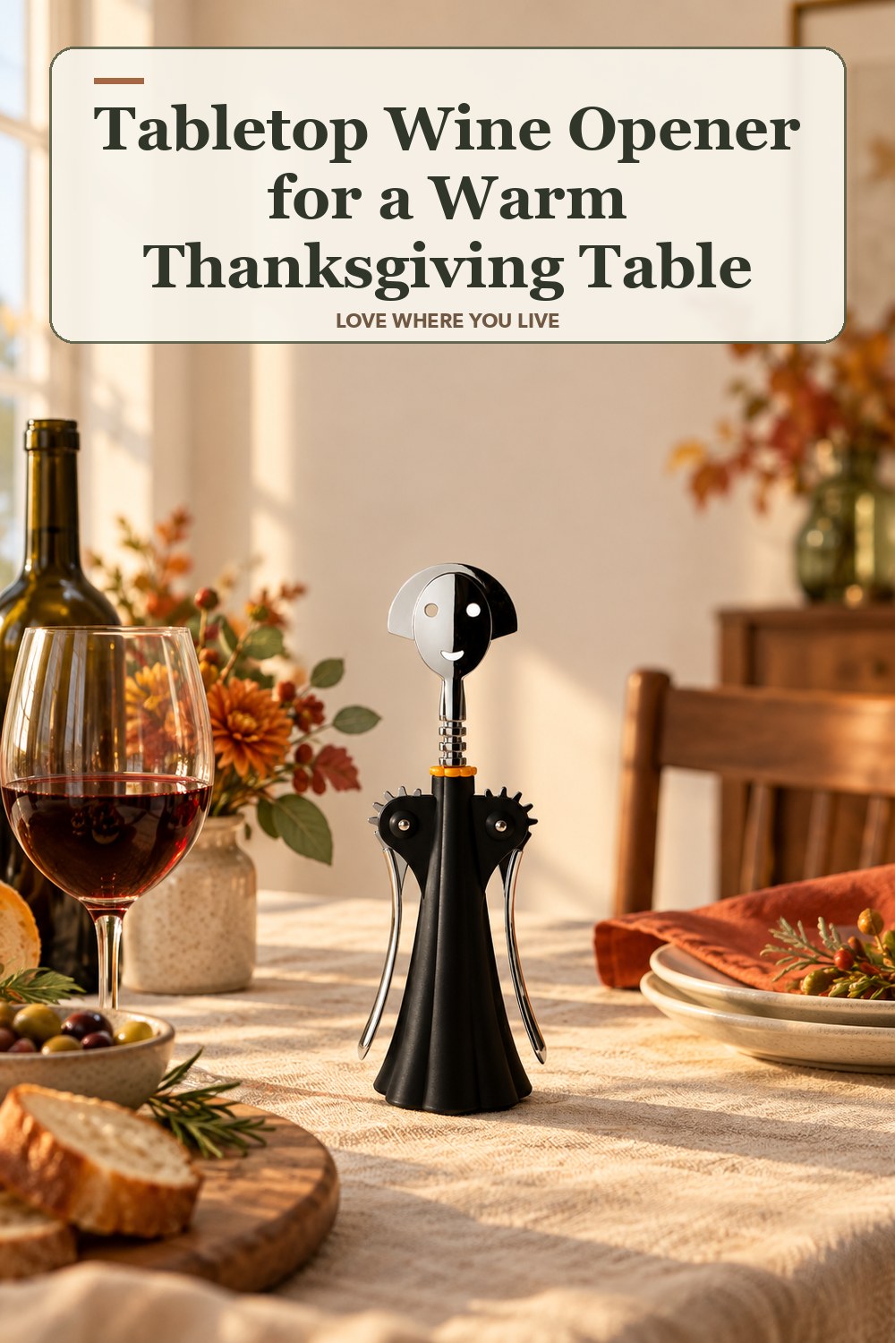 Lived-in thanksgiving room with a tabletop wine opener and the headline: Tabletop Wine Opener for a Warm Thanksgiving Table.