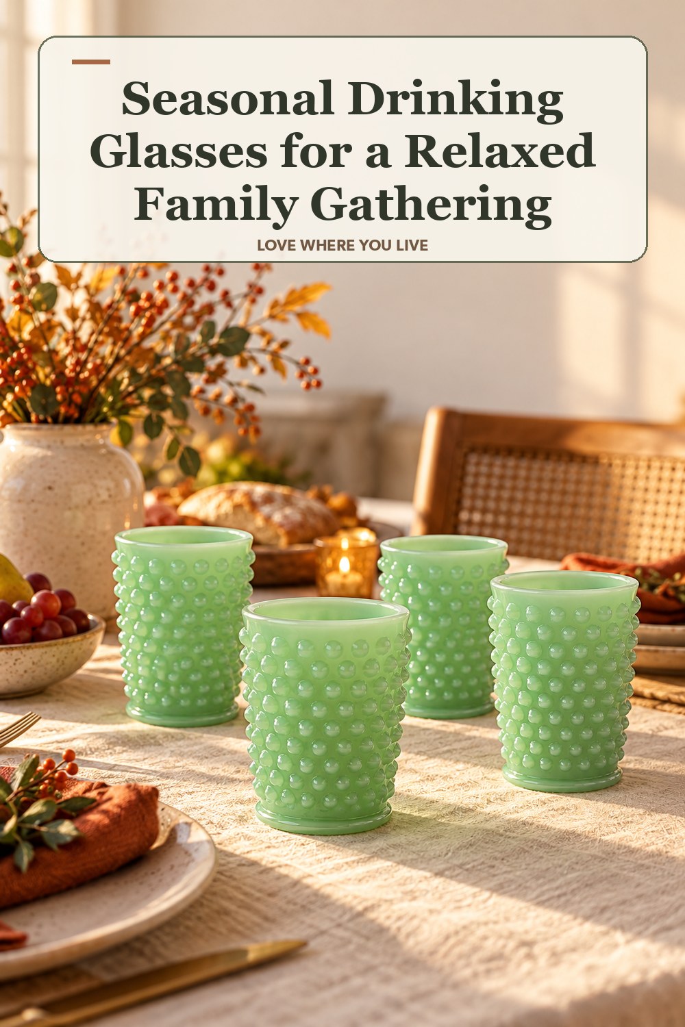 Lived-in thanksgiving room with a seasonal drinking glasses and the headline: Seasonal Drinking Glasses for a Relaxed Family Gathering.