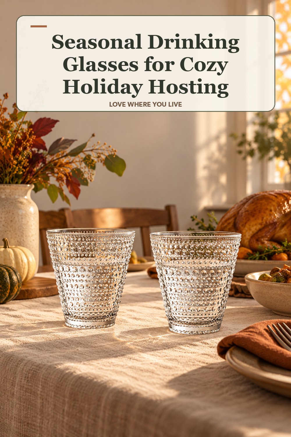 Lived-in thanksgiving room with a seasonal drinking glasses and the headline: Seasonal Drinking Glasses for Cozy Holiday Hosting.