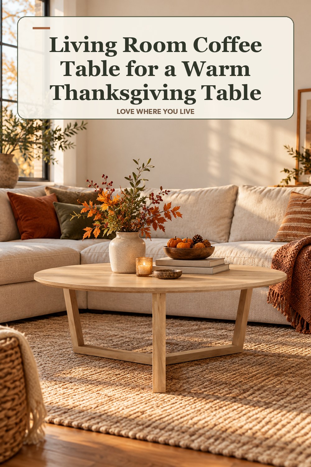 Lived-in thanksgiving room with a living room coffee table and the headline: Living Room Coffee Table for a Warm Thanksgiving Table.