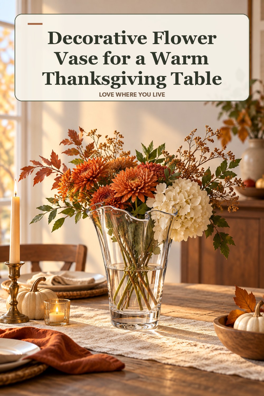 Lived-in thanksgiving room with a decorative flower vase and the headline: Decorative Flower Vase for a Warm Thanksgiving Table.