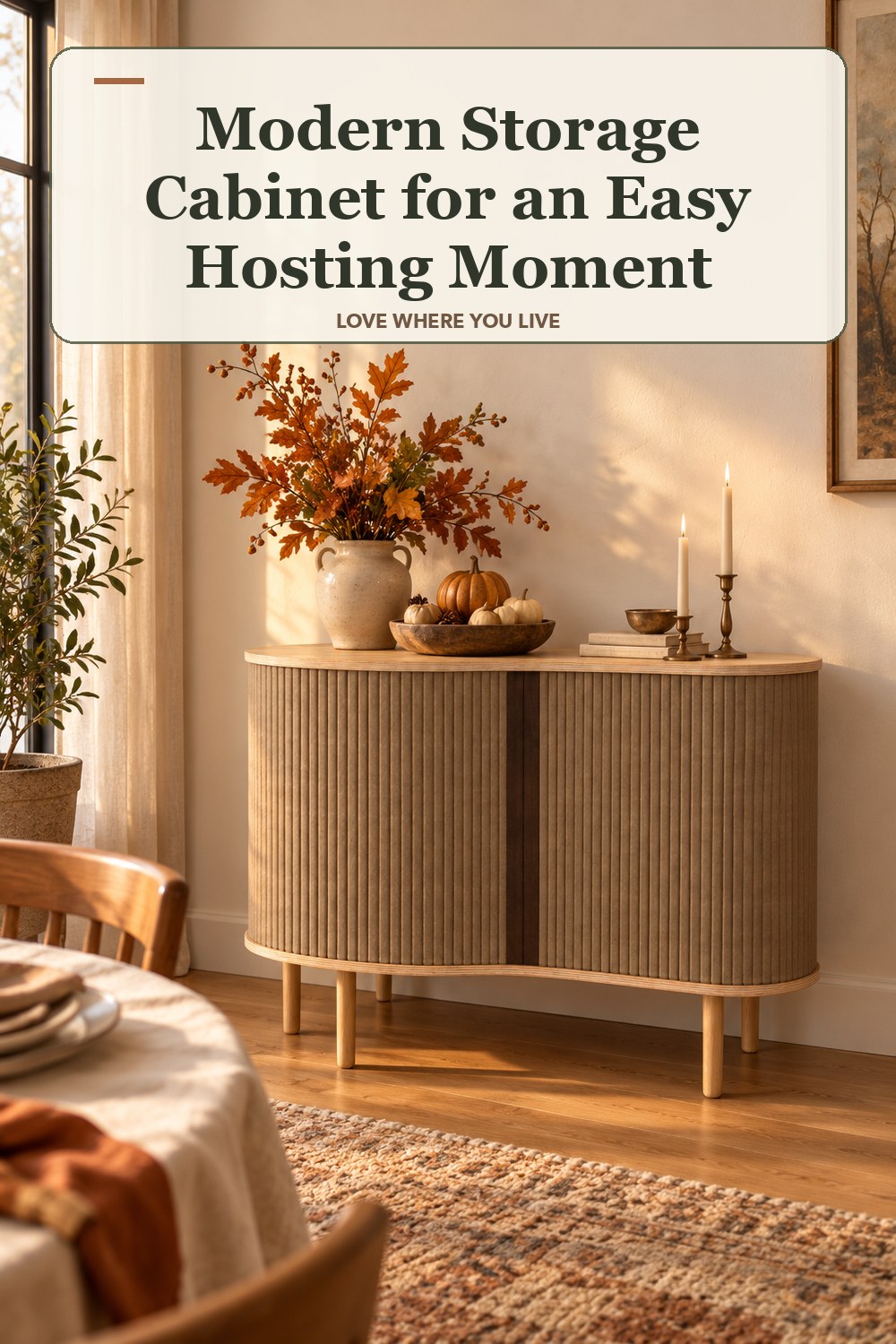 Lived-in thanksgiving room with a modern storage cabinet and the headline: Modern Storage Cabinet for an Easy Hosting Moment.