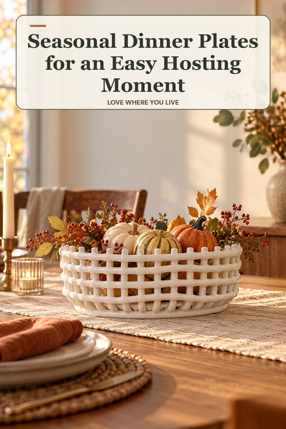 Lived-in thanksgiving room with a seasonal dinner plates and the headline: Seasonal Dinner Plates for an Easy Hosting Moment.