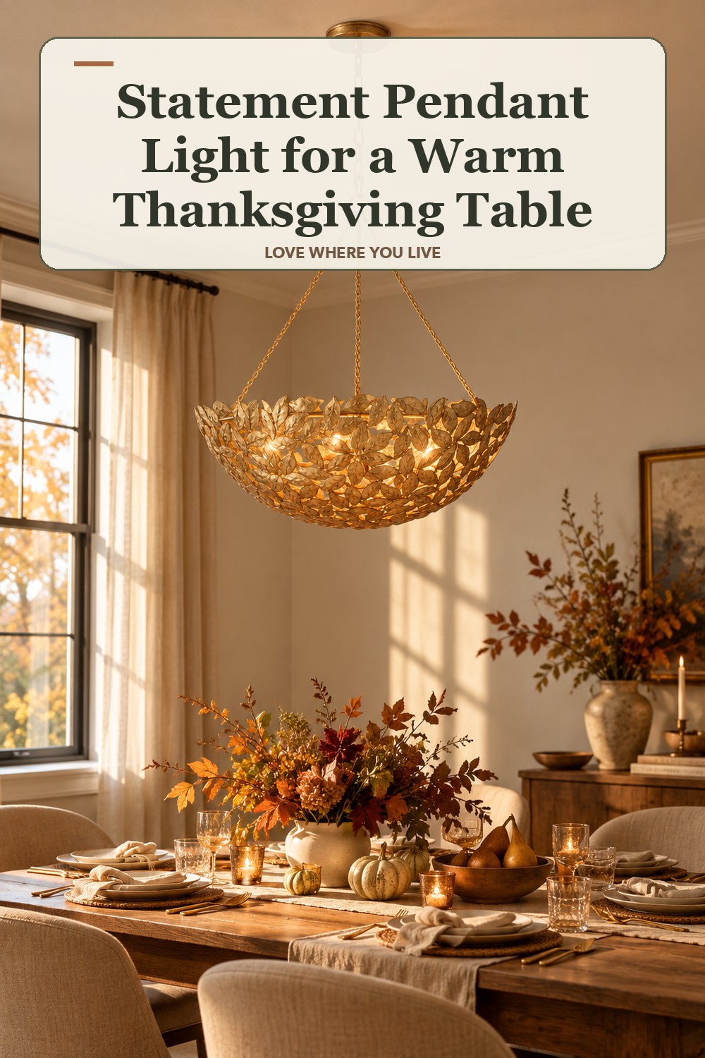 Lived-in thanksgiving room with a statement pendant light and the headline: Statement Pendant Light for a Warm Thanksgiving Table.