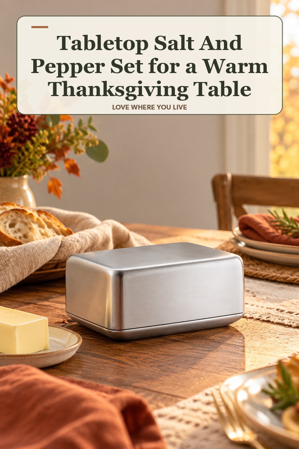Lived-in thanksgiving room with a tabletop salt and pepper set and the headline: Tabletop Salt And Pepper Set for a Warm Thanksgiving Table.