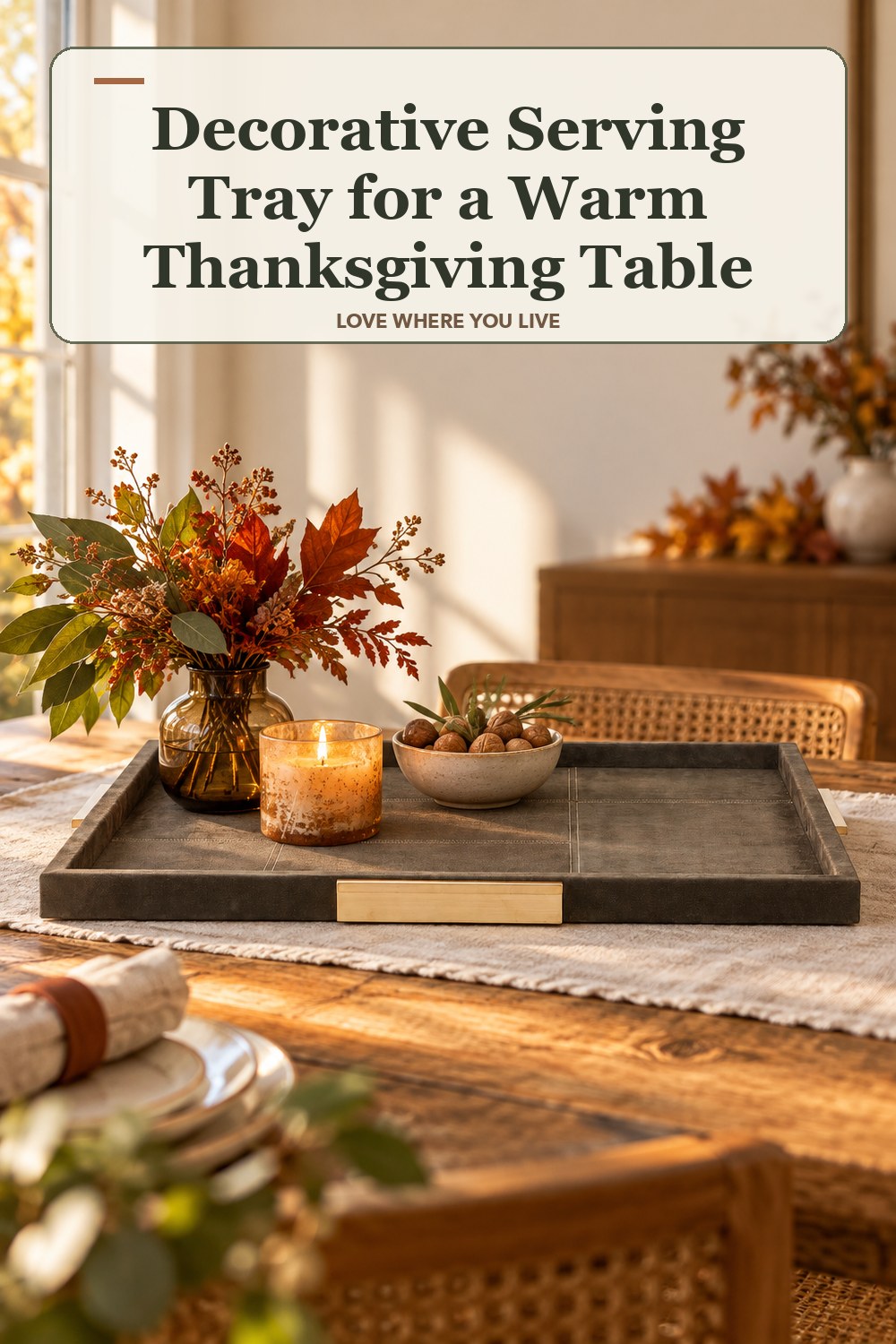 Lived-in thanksgiving room with a decorative serving tray and the headline: Decorative Serving Tray for a Warm Thanksgiving Table.