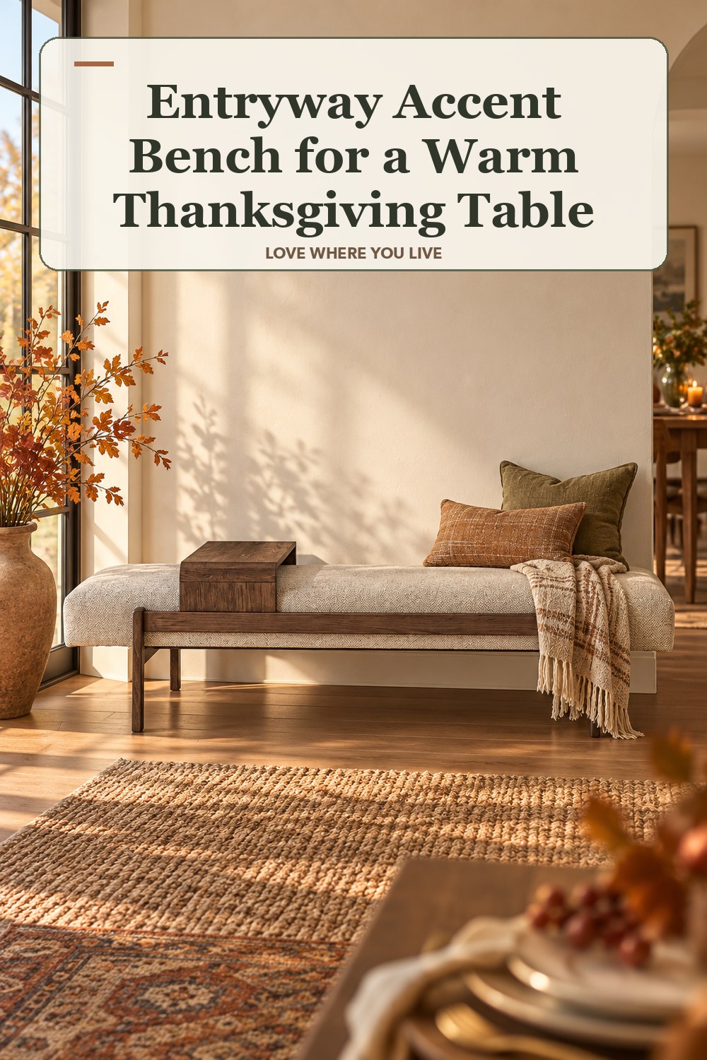 Lived-in thanksgiving room with a entryway accent bench and the headline: Entryway Accent Bench for a Warm Thanksgiving Table.