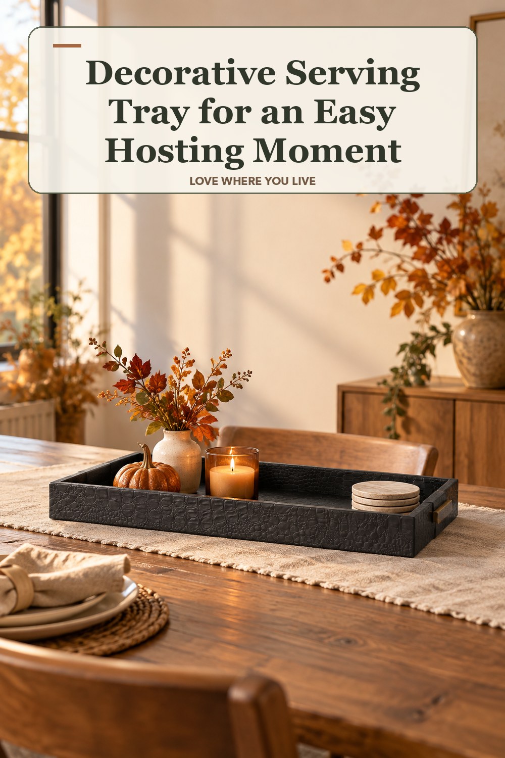 Lived-in thanksgiving room with a decorative serving tray and the headline: Decorative Serving Tray for an Easy Hosting Moment.