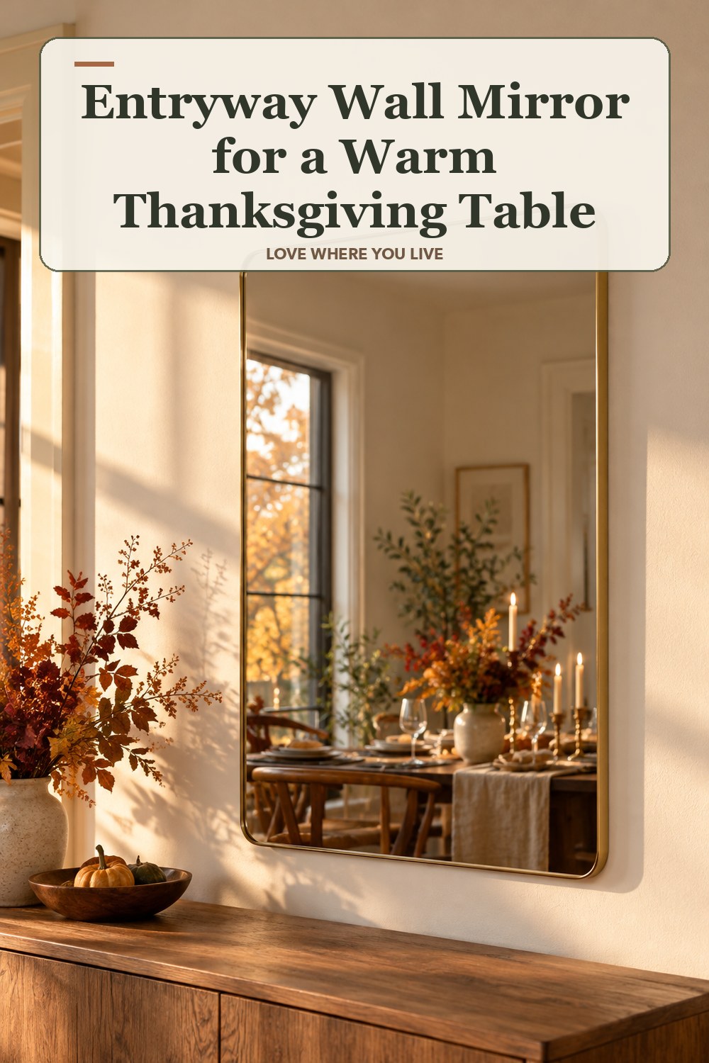 Lived-in thanksgiving room with a entryway wall mirror and the headline: Entryway Wall Mirror for a Warm Thanksgiving Table.