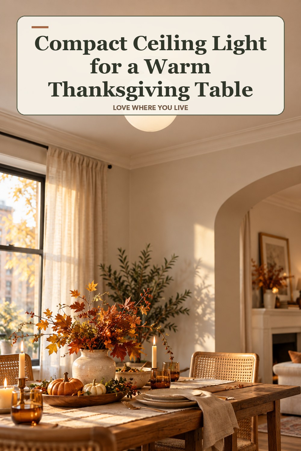 Lived-in thanksgiving room with a compact ceiling light and the headline: Compact Ceiling Light for a Warm Thanksgiving Table.