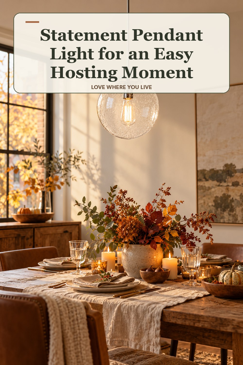 Lived-in thanksgiving room with a statement pendant light and the headline: Statement Pendant Light for an Easy Hosting Moment.