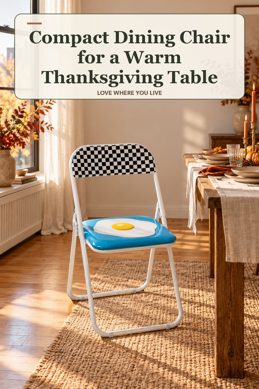 Lived-in thanksgiving room with a compact dining chair and the headline: Compact Dining Chair for a Warm Thanksgiving Table.