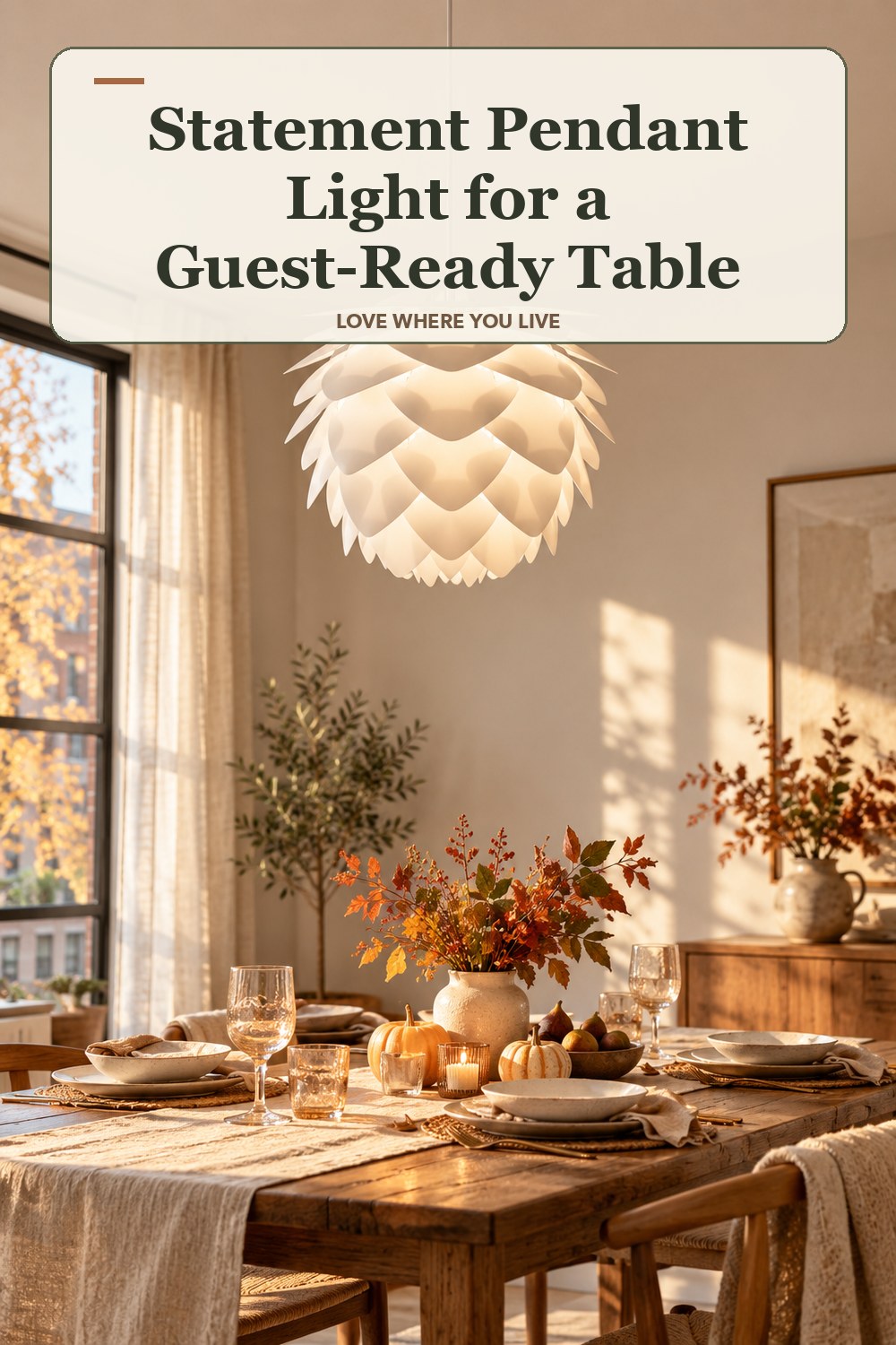 Lived-in thanksgiving room with a statement pendant light and the headline: Statement Pendant Light for a Guest-Ready Table.