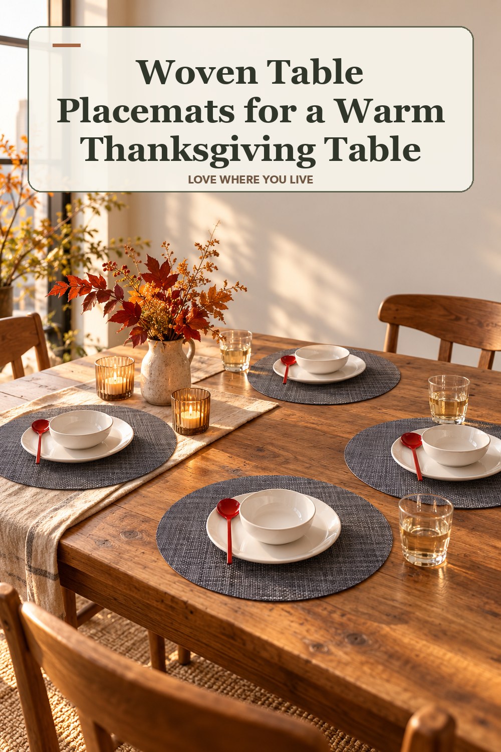 Lived-in thanksgiving room with a woven table placemats and the headline: Woven Table Placemats for a Warm Thanksgiving Table.