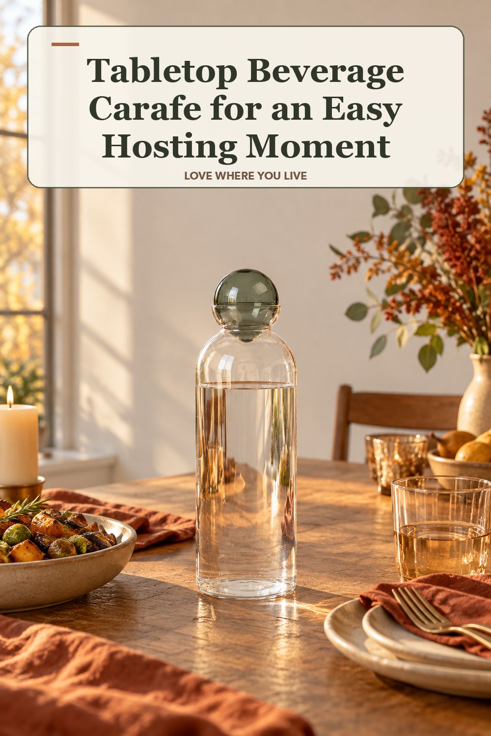 Lived-in thanksgiving room with a tabletop beverage carafe and the headline: Tabletop Beverage Carafe for an Easy Hosting Moment.