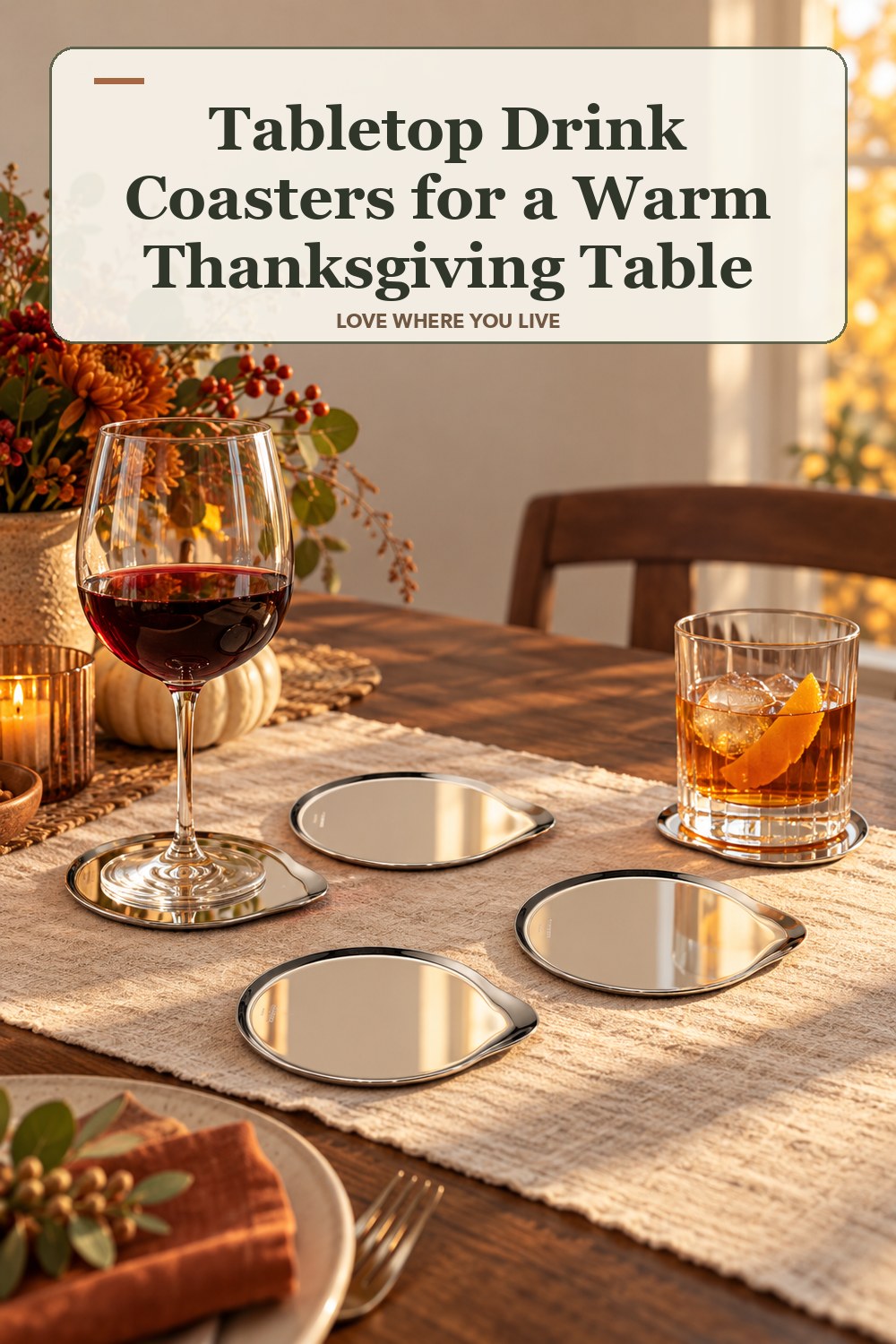 Lived-in thanksgiving room with a tabletop drink coasters and the headline: Tabletop Drink Coasters for a Warm Thanksgiving Table.