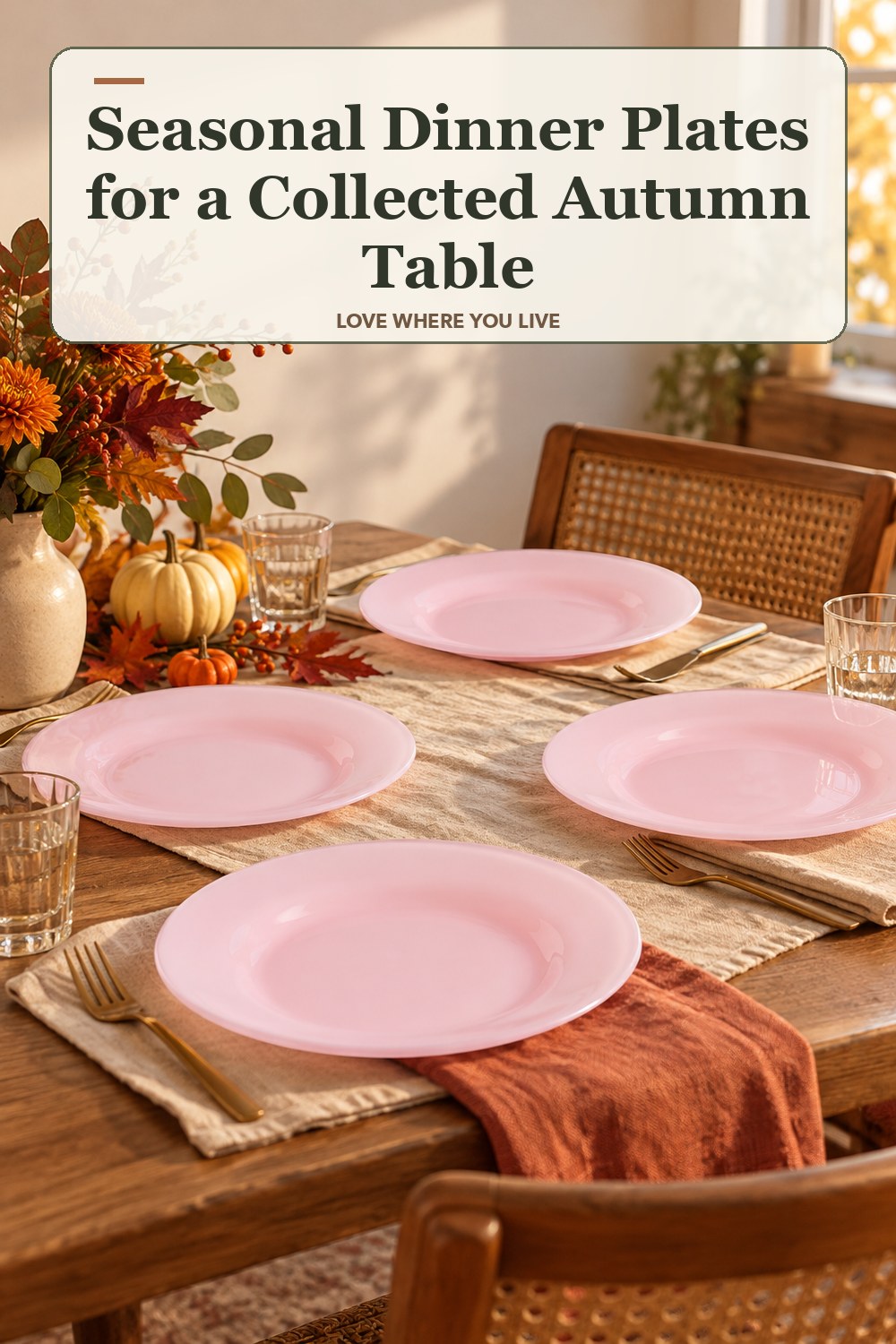 Lived-in thanksgiving room with a seasonal dinner plates and the headline: Seasonal Dinner Plates for a Collected Autumn Table.
