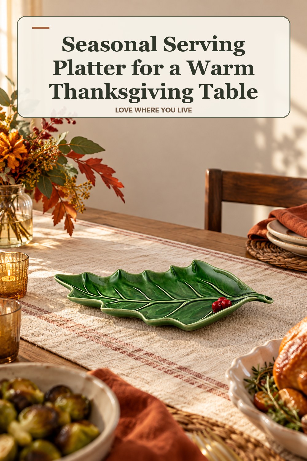 Lived-in thanksgiving room with a seasonal serving platter and the headline: Seasonal Serving Platter for a Warm Thanksgiving Table.