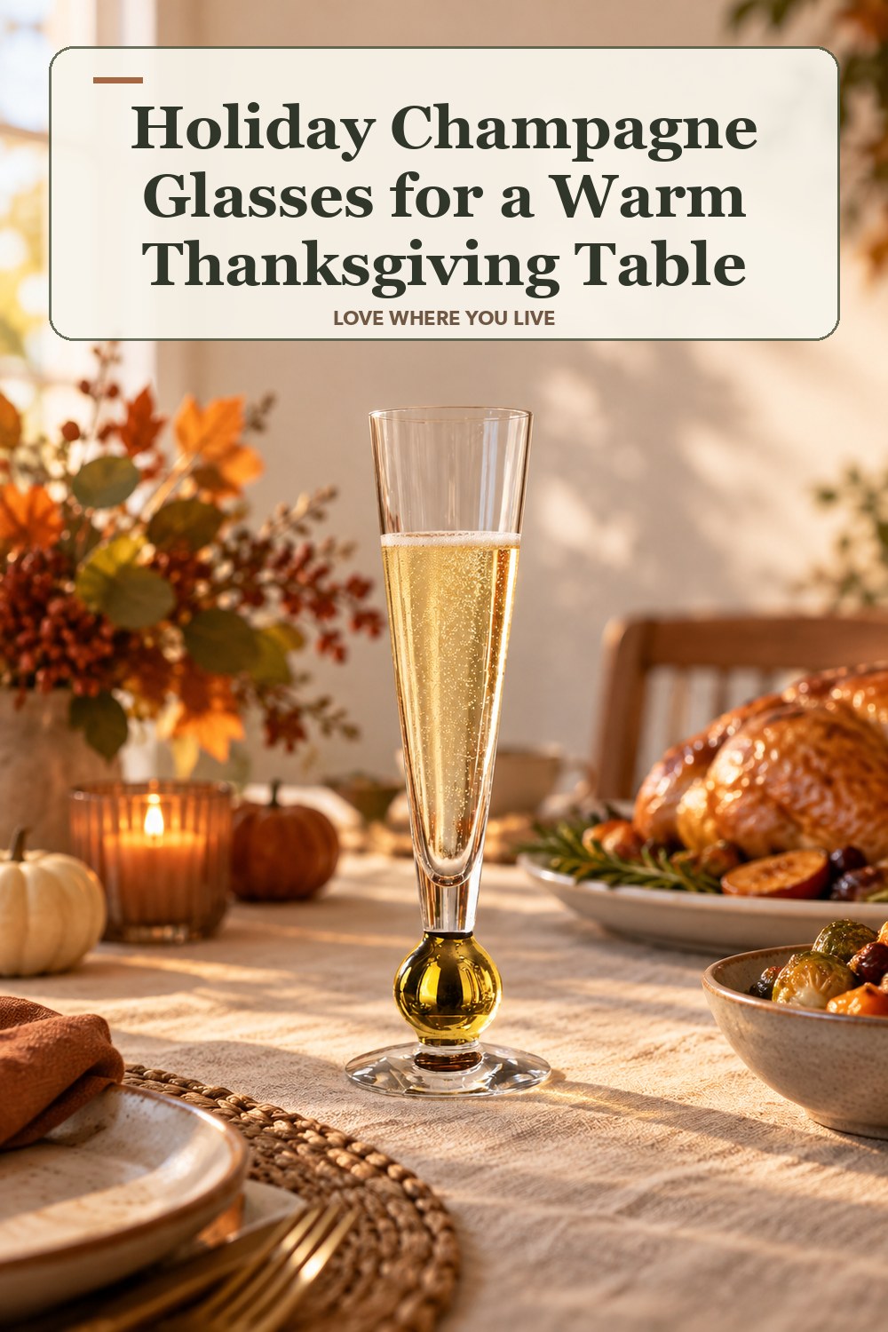 Lived-in thanksgiving room with a holiday champagne glasses and the headline: Holiday Champagne Glasses for a Warm Thanksgiving Table.