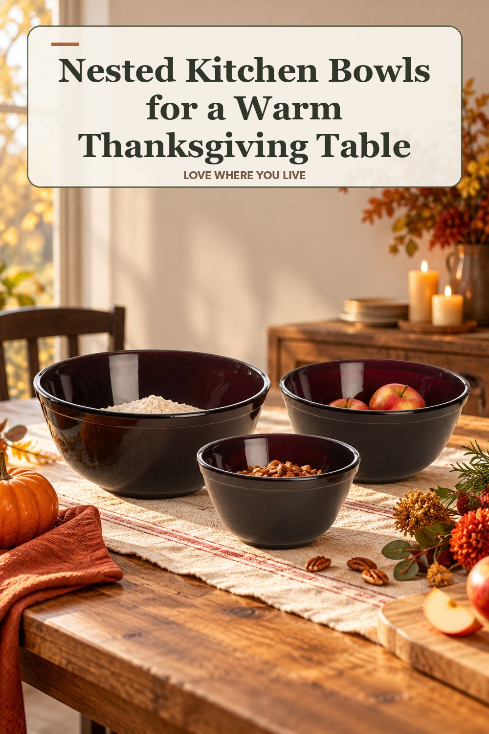 Lived-in thanksgiving room with a nested kitchen bowls and the headline: Nested Kitchen Bowls for a Warm Thanksgiving Table.