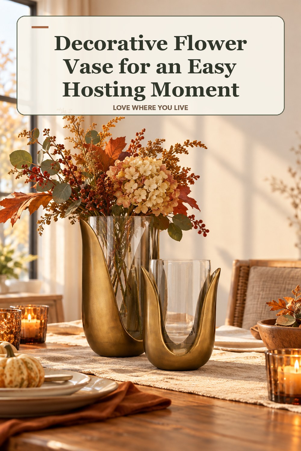 Lived-in thanksgiving room with a decorative flower vase and the headline: Decorative Flower Vase for an Easy Hosting Moment.