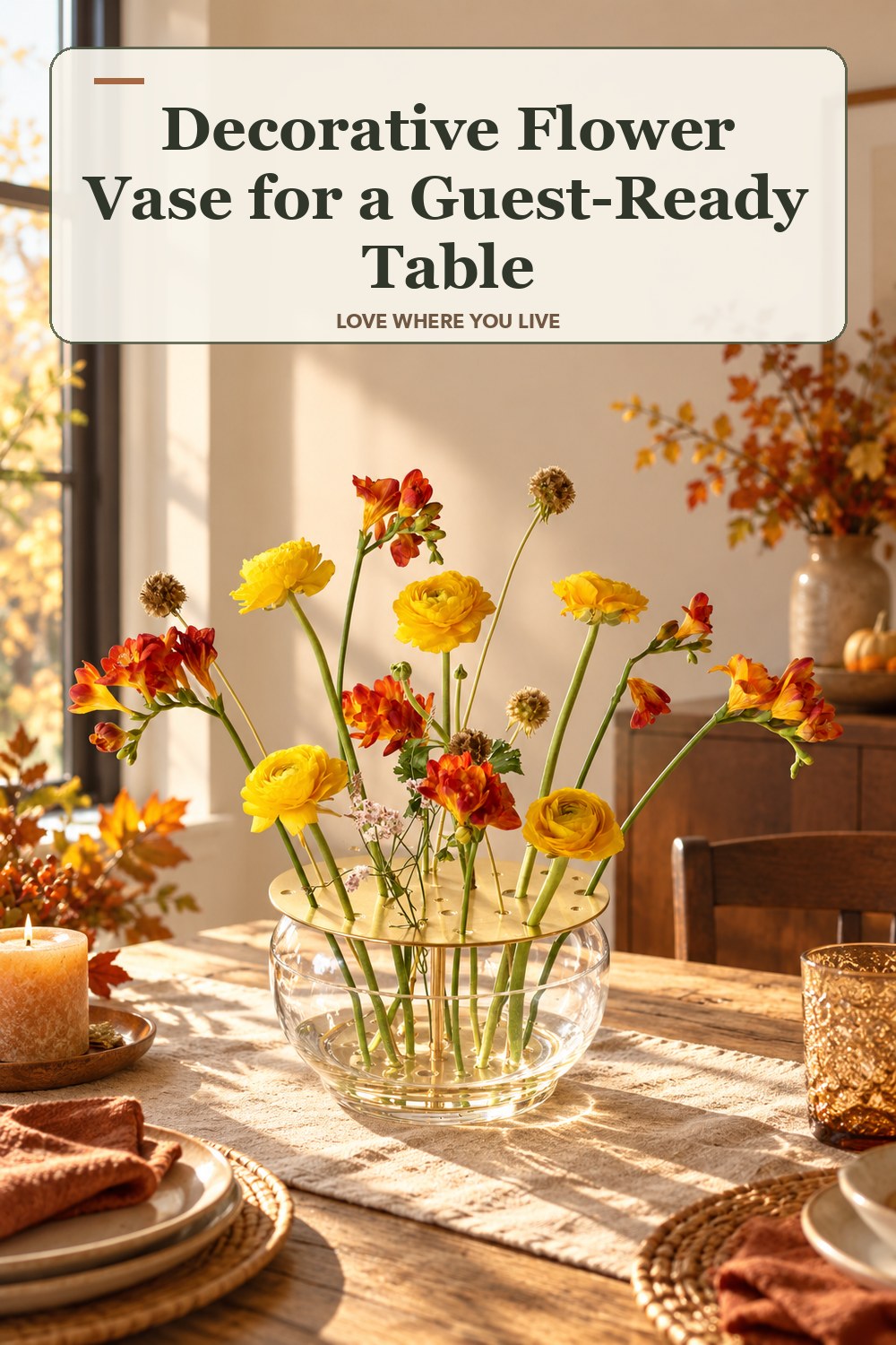 Lived-in thanksgiving room with a decorative flower vase and the headline: Decorative Flower Vase for a Guest-Ready Table.