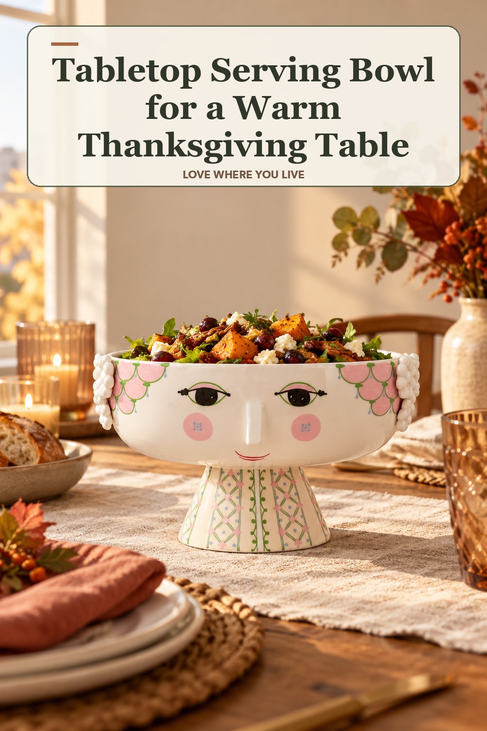 Lived-in thanksgiving room with a tabletop serving bowl and the headline: Tabletop Serving Bowl for a Warm Thanksgiving Table.