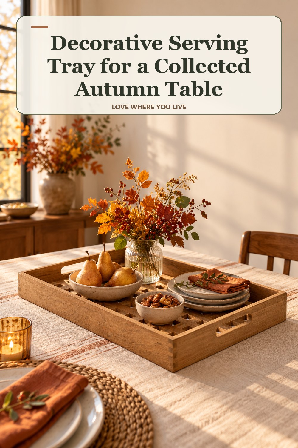 Lived-in thanksgiving room with a decorative serving tray and the headline: Decorative Serving Tray for a Collected Autumn Table.