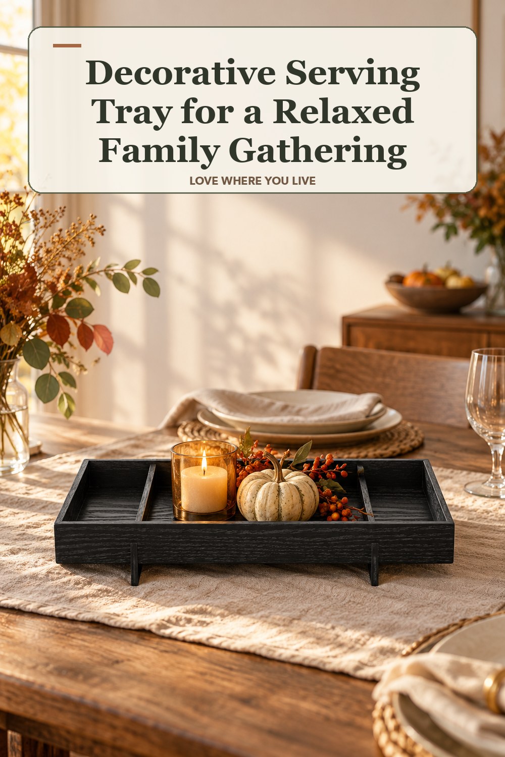 Lived-in thanksgiving room with a decorative serving tray and the headline: Decorative Serving Tray for a Relaxed Family Gathering.