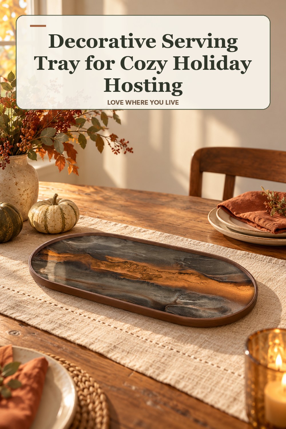Lived-in thanksgiving room with a decorative serving tray and the headline: Decorative Serving Tray for Cozy Holiday Hosting.