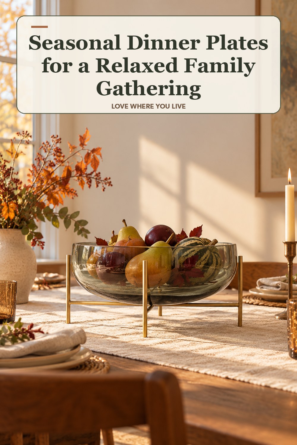 Lived-in thanksgiving room with a seasonal dinner plates and the headline: Seasonal Dinner Plates for a Relaxed Family Gathering.