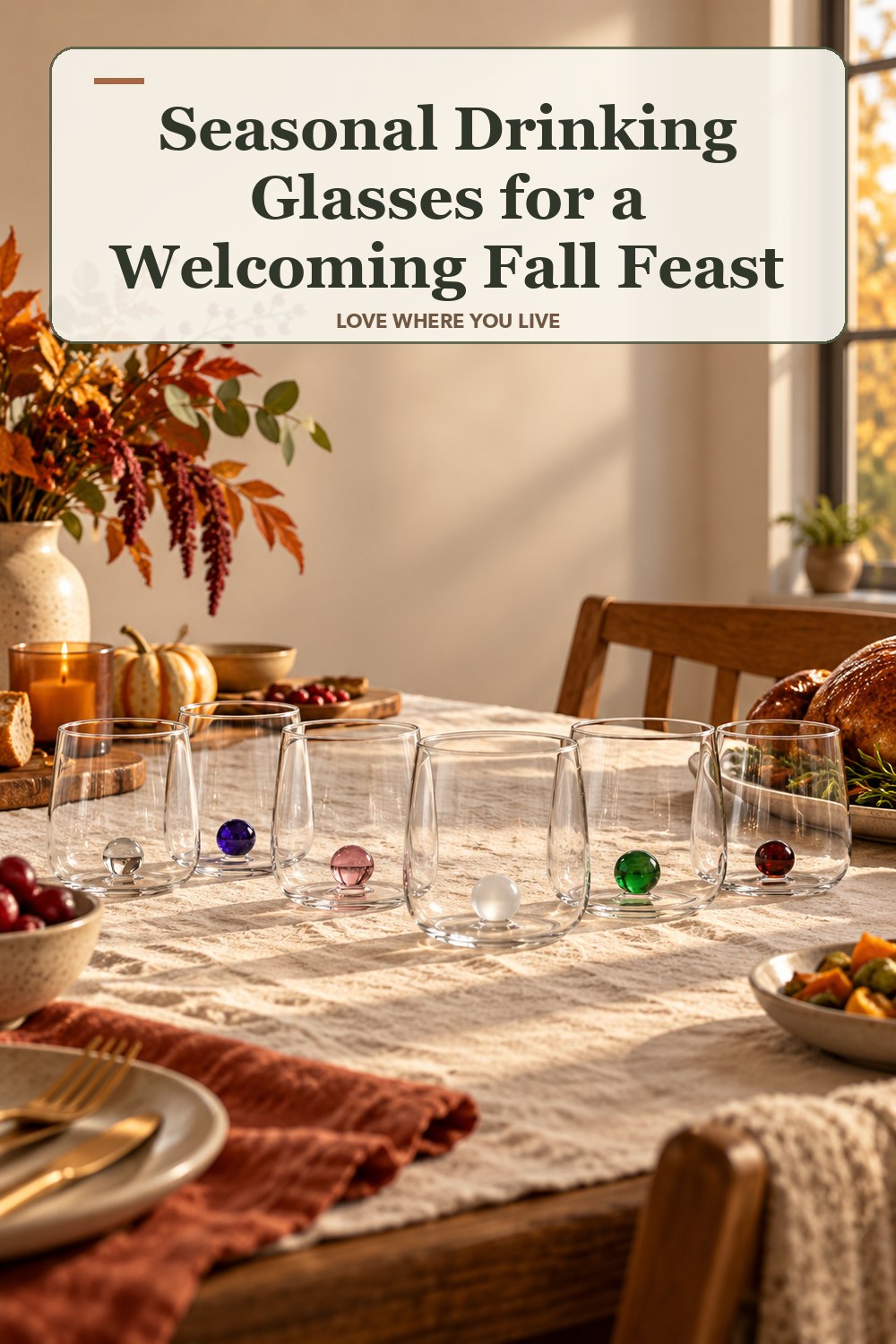 Lived-in thanksgiving room with a seasonal drinking glasses and the headline: Seasonal Drinking Glasses for a Welcoming Fall Feast.
