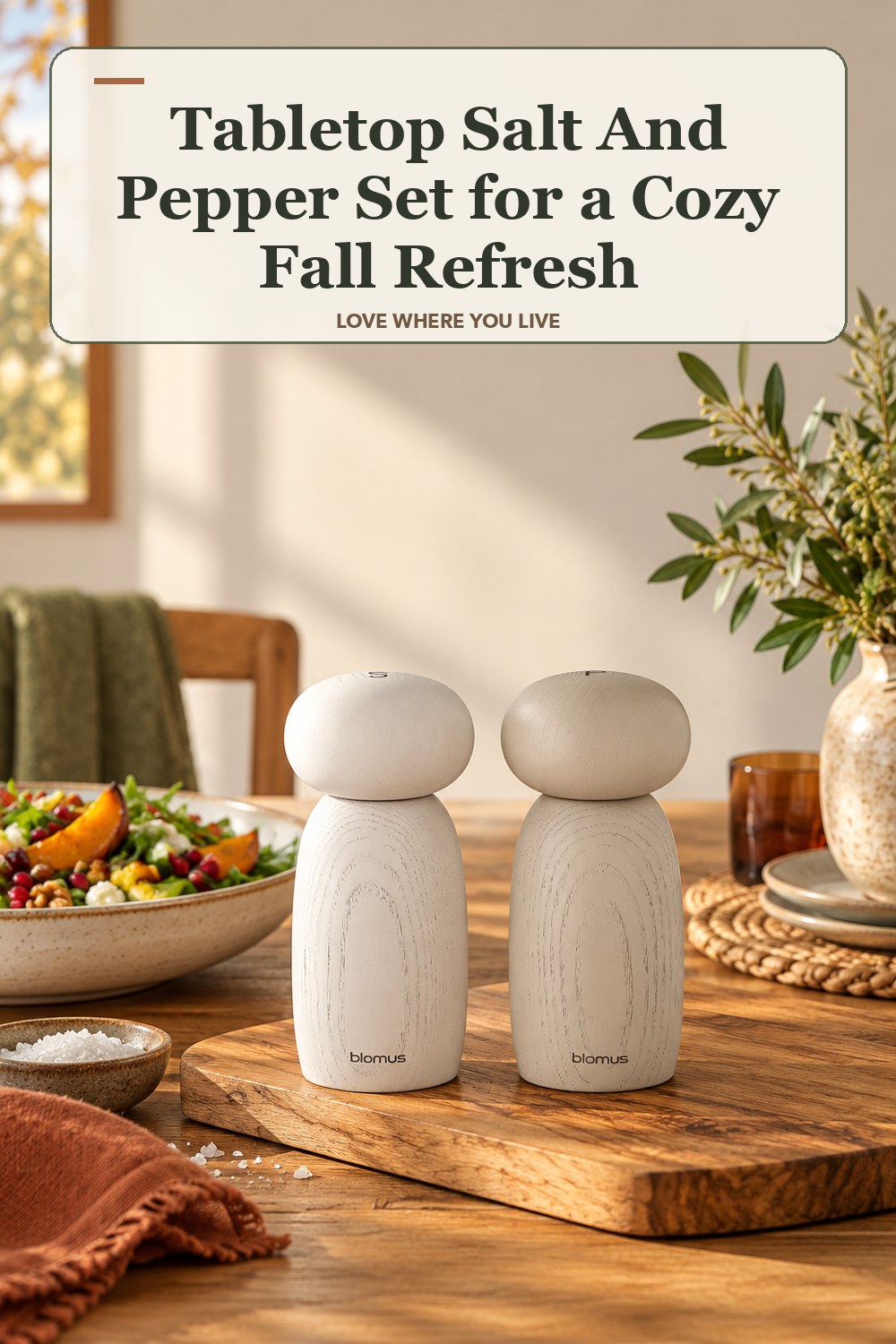 Lived-in fall room with a tabletop salt and pepper set and the headline: Tabletop Salt And Pepper Set for a Cozy Fall Refresh.