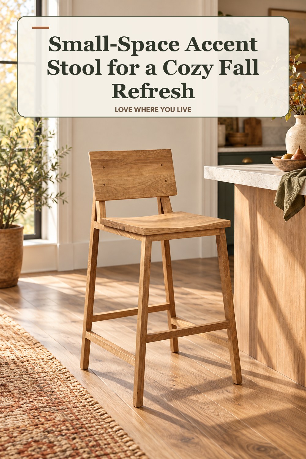Lived-in fall room with a small-space accent stool and the headline: Small-Space Accent Stool for a Cozy Fall Refresh.