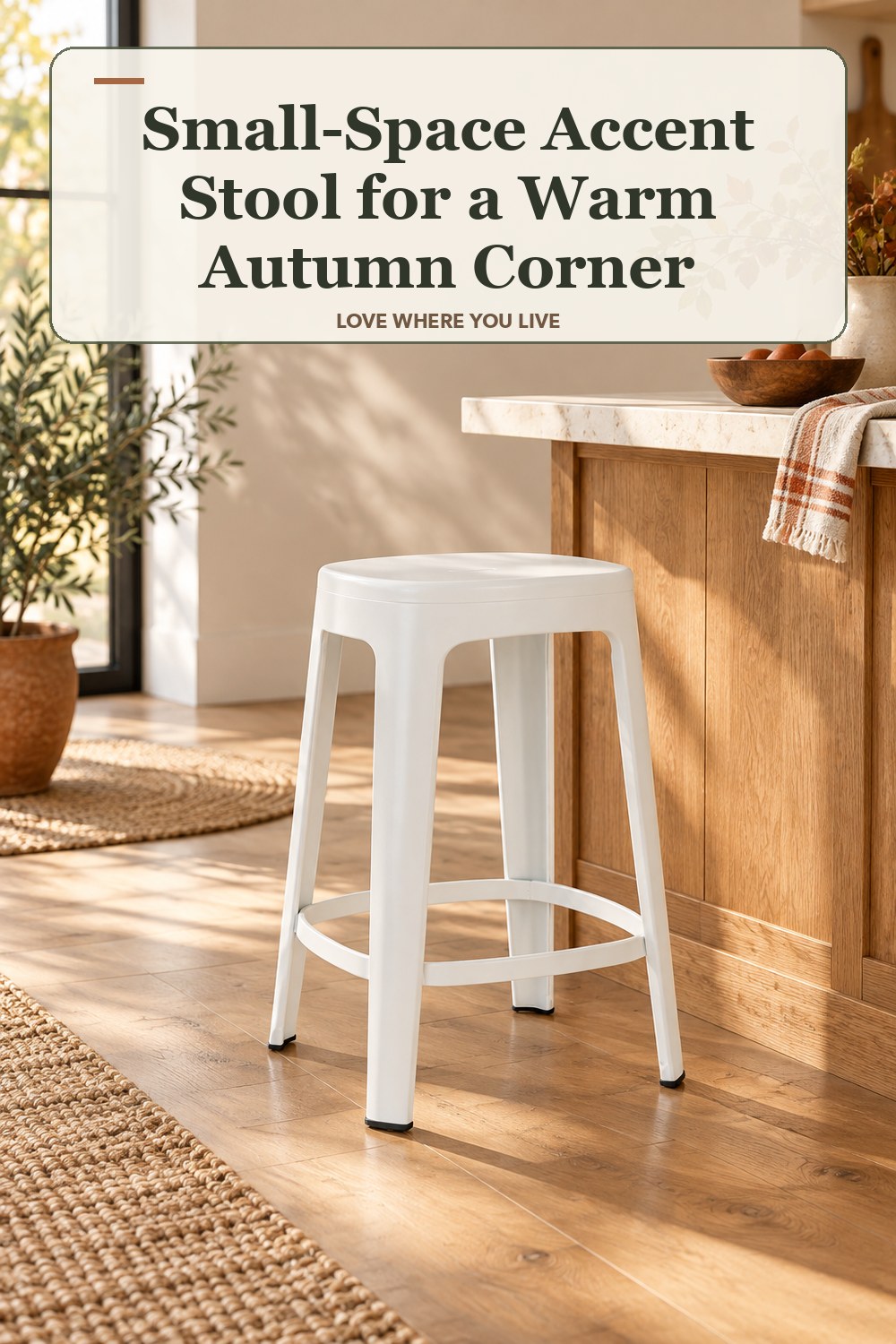 Lived-in fall room with a small-space accent stool and the headline: Small-Space Accent Stool for a Warm Autumn Corner.