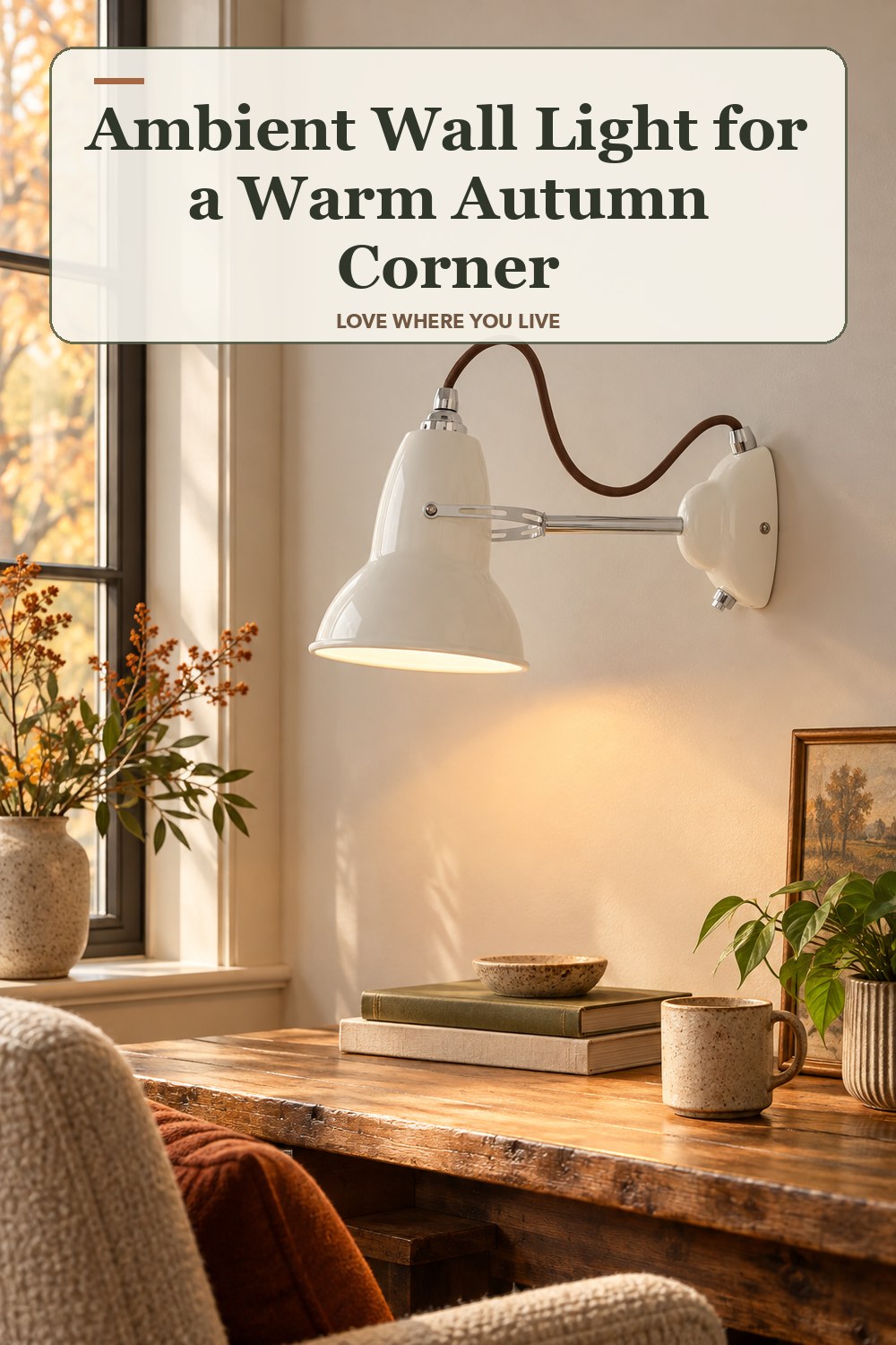 Lived-in fall room with a ambient wall light and the headline: Ambient Wall Light for a Warm Autumn Corner.