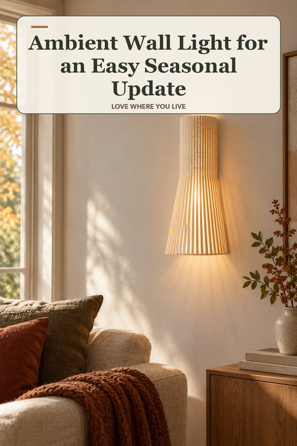 Lived-in fall room with a ambient wall light and the headline: Ambient Wall Light for an Easy Seasonal Update.
