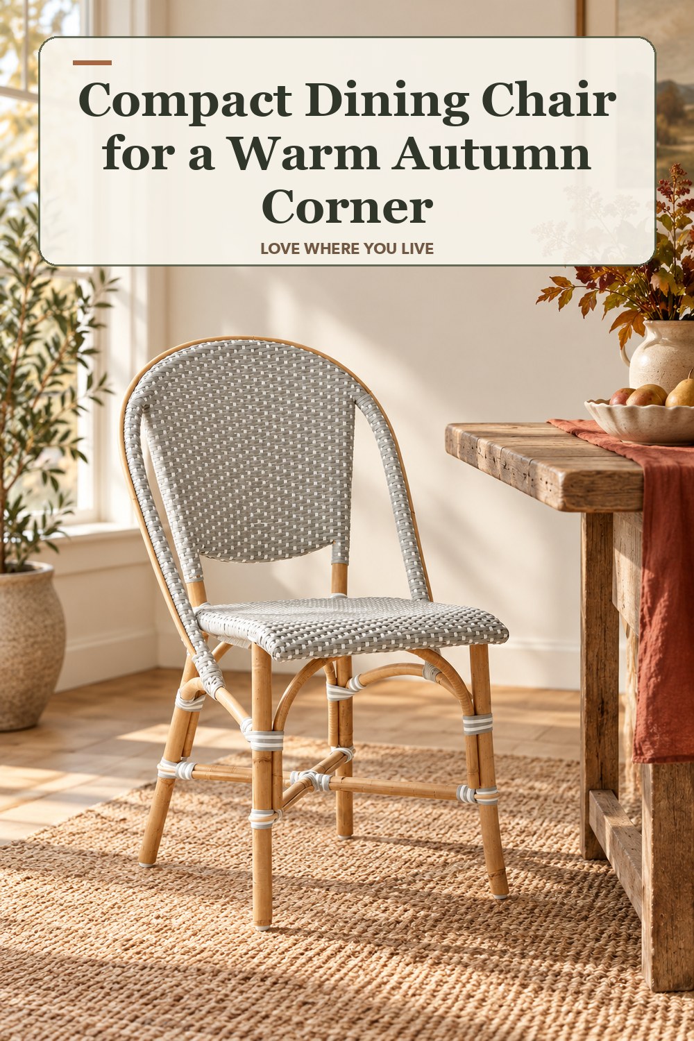 Lived-in fall room with a compact dining chair and the headline: Compact Dining Chair for a Warm Autumn Corner.