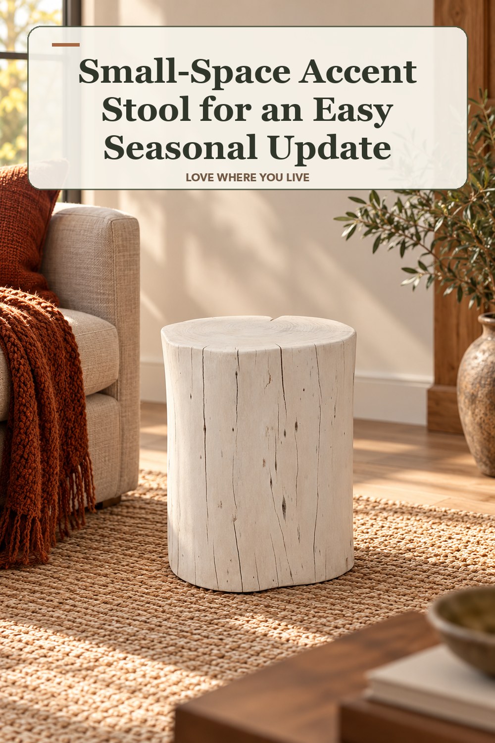 Lived-in fall room with a small-space accent stool and the headline: Small-Space Accent Stool for an Easy Seasonal Update.