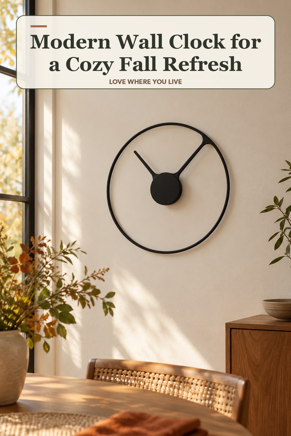 Lived-in fall room with a modern wall clock and the headline: Modern Wall Clock for a Cozy Fall Refresh.