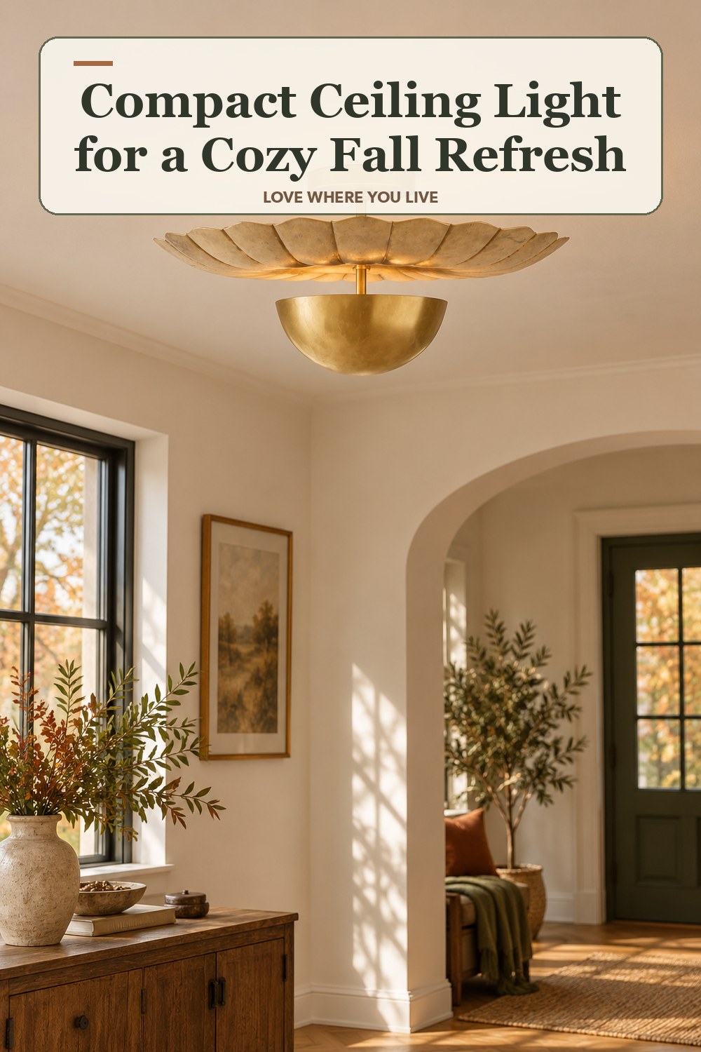 Lived-in fall room with a compact ceiling light and the headline: Compact Ceiling Light for a Cozy Fall Refresh.